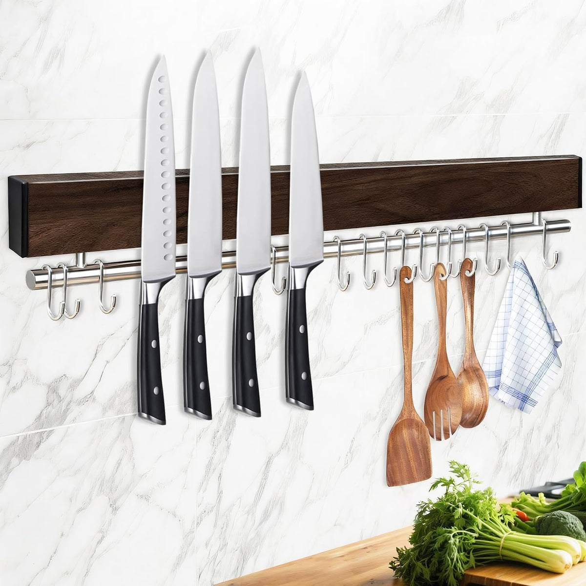 12 Inch Magnetic Knife Holder for Wall - Stainless Steel Magnet Knife Strip No Drill with 5 Hooks/Adhesive Tape/Screws, Kitchen Utensil Holder, Magnetic Knife Organizer, Wall Mounted Knife Storage