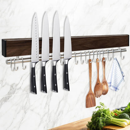 12 Inch Magnetic Knife Holder for Wall - Stainless Steel Magnet Knife Strip No Drill with 5 Hooks/Adhesive Tape/Screws, Kitchen Utensil Holder, Magnetic Knife Organizer, Wall Mounted Knife Storage
