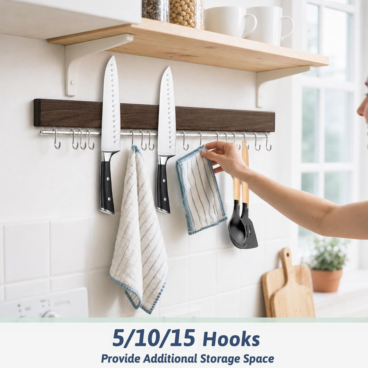 12 Inch Magnetic Knife Holder for Wall - Stainless Steel Magnet Knife Strip No Drill with 5 Hooks/Adhesive Tape/Screws, Kitchen Utensil Holder, Magnetic Knife Organizer, Wall Mounted Knife Storage