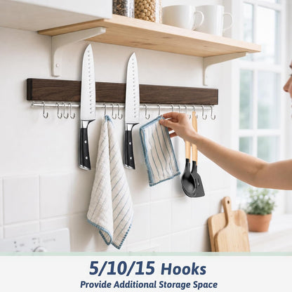 12 Inch Magnetic Knife Holder for Wall - Stainless Steel Magnet Knife Strip No Drill with 5 Hooks/Adhesive Tape/Screws, Kitchen Utensil Holder, Magnetic Knife Organizer, Wall Mounted Knife Storage