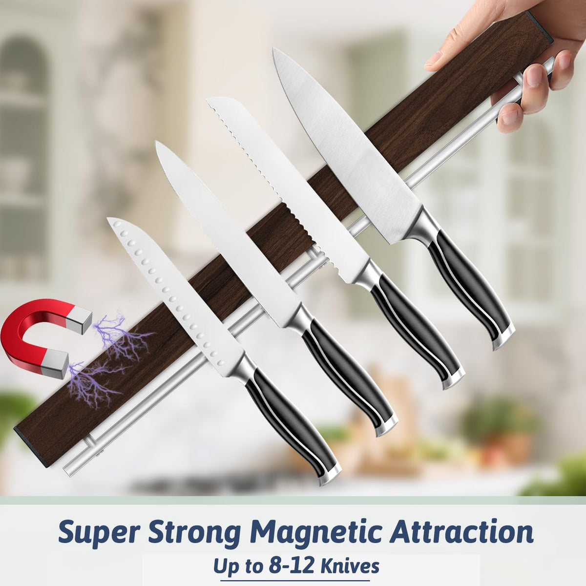 12 Inch Magnetic Knife Holder for Wall - Stainless Steel Magnet Knife Strip No Drill with 5 Hooks/Adhesive Tape/Screws, Kitchen Utensil Holder, Magnetic Knife Organizer, Wall Mounted Knife Storage