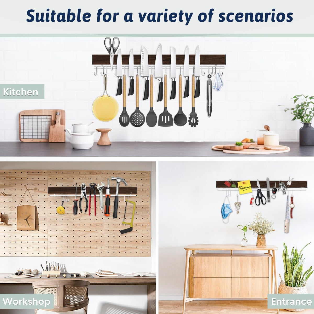 12 Inch Magnetic Knife Holder for Wall - Stainless Steel Magnet Knife Strip No Drill with 5 Hooks/Adhesive Tape/Screws, Kitchen Utensil Holder, Magnetic Knife Organizer, Wall Mounted Knife Storage