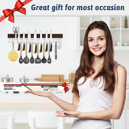 12 Inch Magnetic Knife Holder for Wall - Stainless Steel Magnet Knife Strip No Drill with 5 Hooks/Adhesive Tape/Screws, Kitchen Utensil Holder, Magnetic Knife Organizer, Wall Mounted Knife Storage
