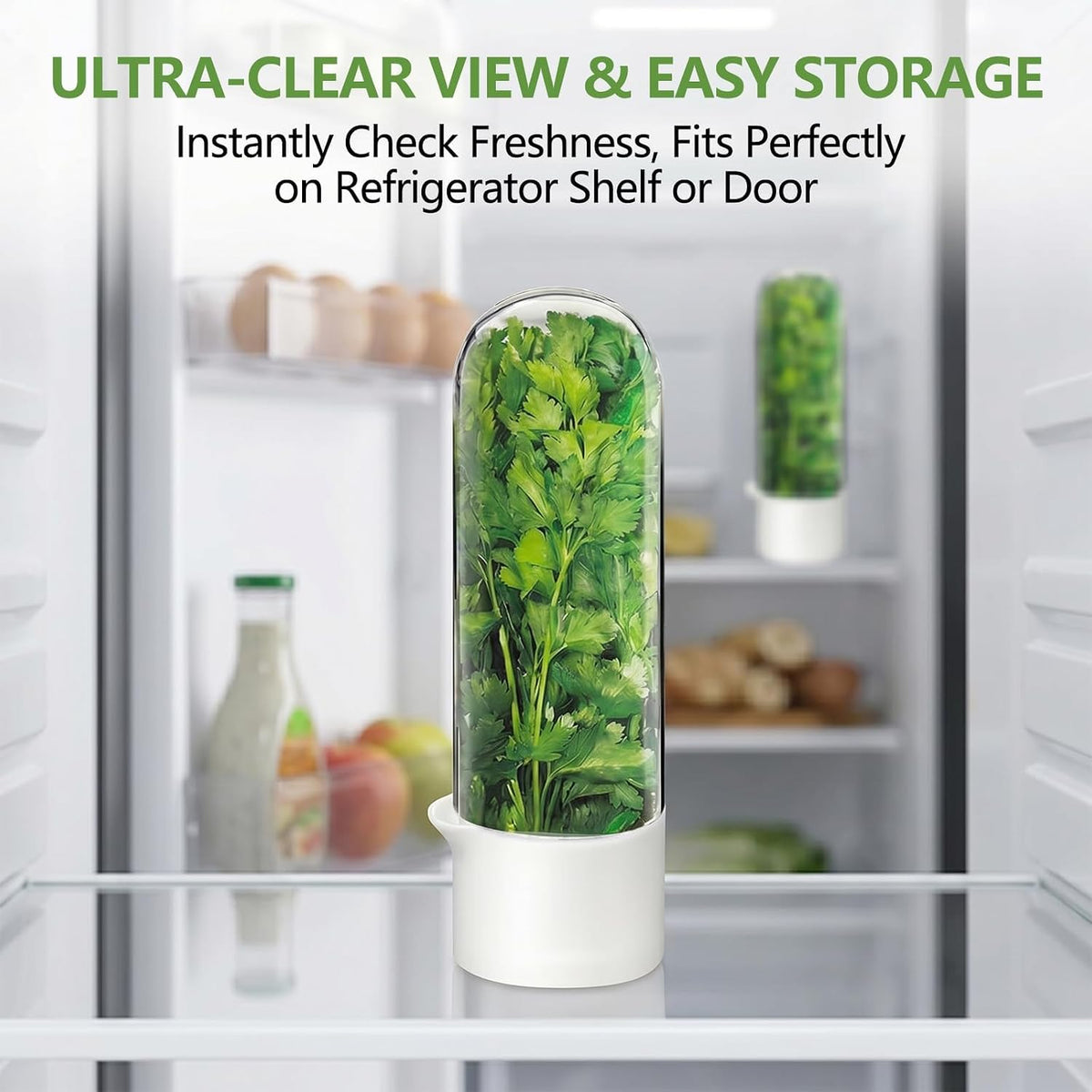 Herb Saver, Herb Keeper for Refrigerator, Cilantro Container for Fridge, Hard Shell Fresh Herb Storage for Asparagus, Parsley, Mint, Rosemary, Keeps Greens Fresh for 2-3 Weeks