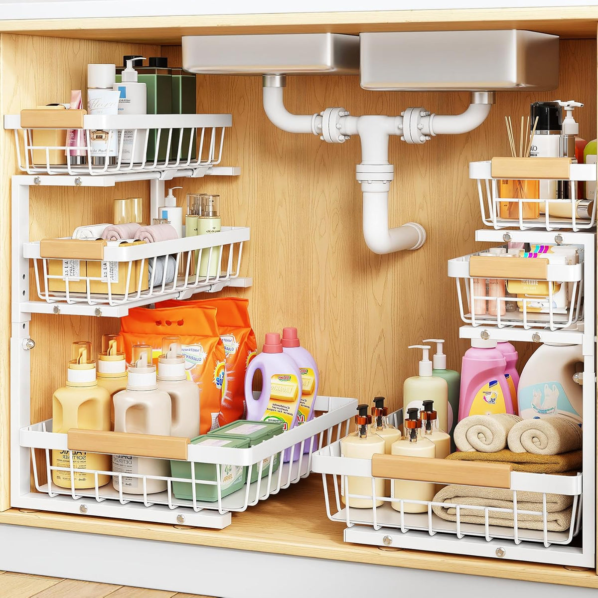 Under Sink Organizer, 2-Pack 3-Tier Height Adjustable Thickened Metal Pull out Cabinet Organizer Shelf, Slide out Storage Drawer Rack for Bathroom Kitchen Pantry Home Organization, White