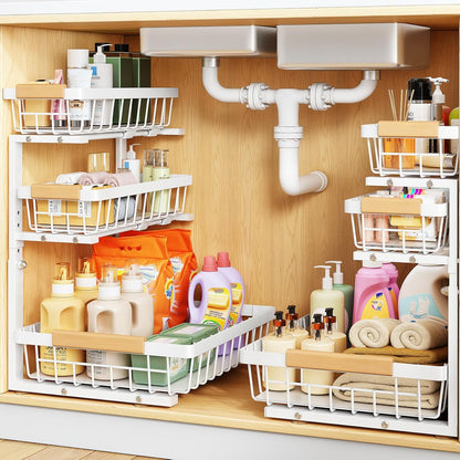Under Sink Organizer, 2-Pack 3-Tier Height Adjustable Thickened Metal Pull out Cabinet Organizer Shelf, Slide out Storage Drawer Rack for Bathroom Kitchen Pantry Home Organization, White