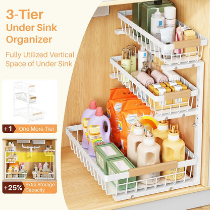 Under Sink Organizer, 2-Pack 3-Tier Height Adjustable Thickened Metal Pull out Cabinet Organizer Shelf, Slide out Storage Drawer Rack for Bathroom Kitchen Pantry Home Organization, White