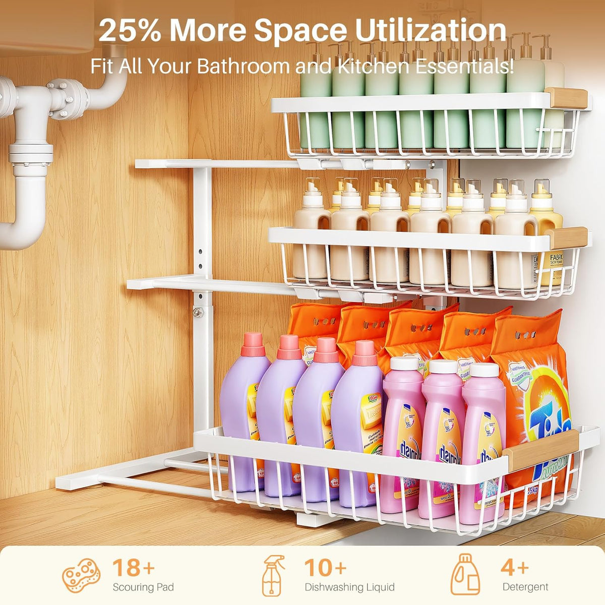 Under Sink Organizer, 2-Pack 3-Tier Height Adjustable Thickened Metal Pull out Cabinet Organizer Shelf, Slide out Storage Drawer Rack for Bathroom Kitchen Pantry Home Organization, White
