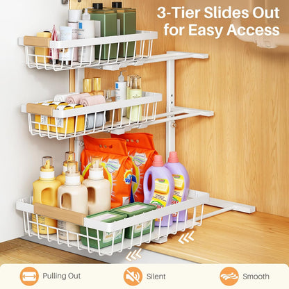 Under Sink Organizer, 2-Pack 3-Tier Height Adjustable Thickened Metal Pull out Cabinet Organizer Shelf, Slide out Storage Drawer Rack for Bathroom Kitchen Pantry Home Organization, White