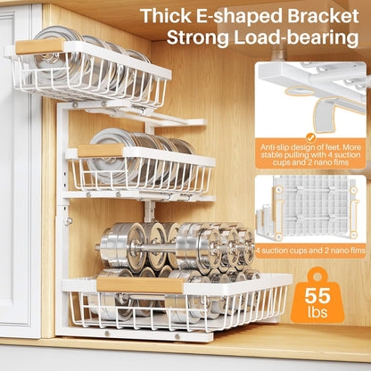 Under Sink Organizer, 2-Pack 3-Tier Height Adjustable Thickened Metal Pull out Cabinet Organizer Shelf, Slide out Storage Drawer Rack for Bathroom Kitchen Pantry Home Organization, White