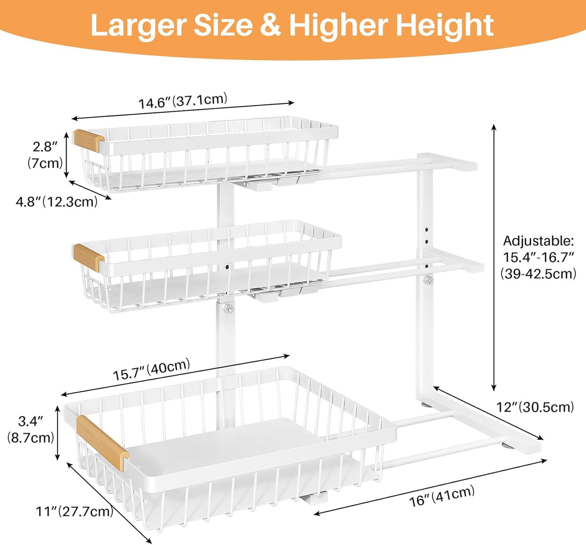 Under Sink Organizer, 2-Pack 3-Tier Height Adjustable Thickened Metal Pull out Cabinet Organizer Shelf, Slide out Storage Drawer Rack for Bathroom Kitchen Pantry Home Organization, White