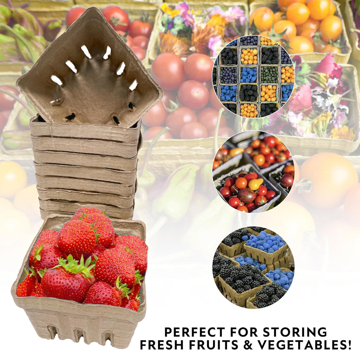 Green Berry Basket 1 Pint, Pulp Fiber Vented Produce Containers Farmers Market Basket, Fruit & Vegetable Containers