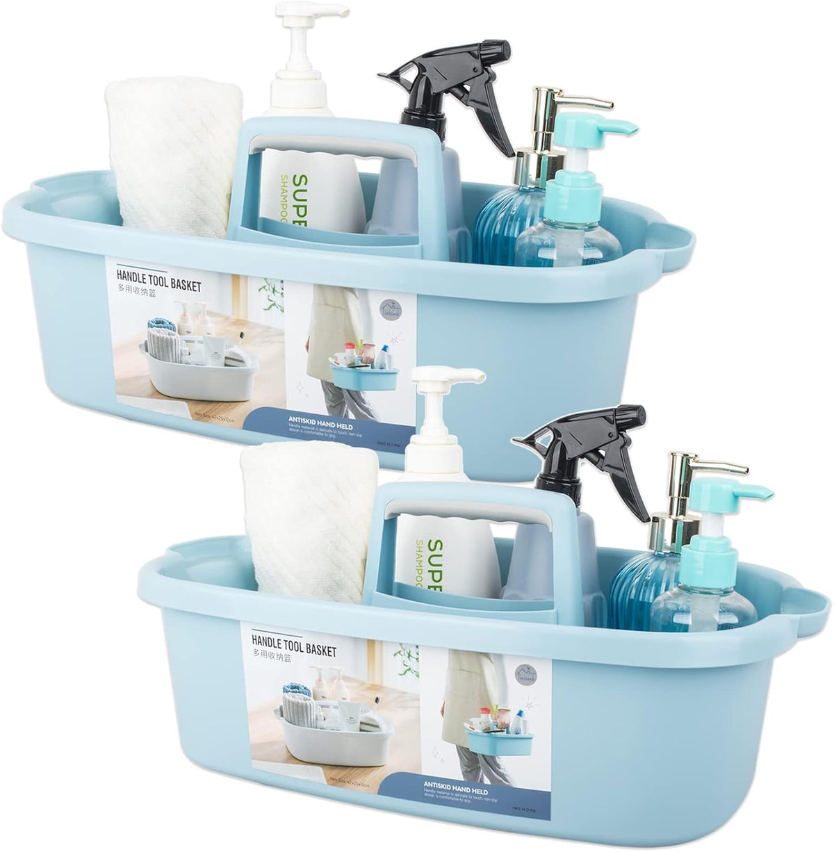 Large Cleaning Supplies Caddy Portable Shower Basket Supply Organizer with Handle Plastic Bucket Tool Storage for Bathroom, Bedroom, Kitchen, College Dorm, Garden, Blue