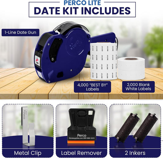 Lite 1 Line Date Gun Kit for Retail – Includes 5 White Label Rolls, Clip & Ink Rollers