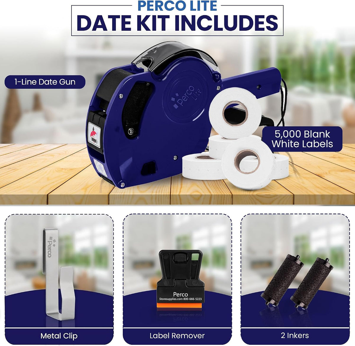 Lite 1 Line Date Gun Kit for Retail – Includes 5 White Label Rolls, Clip & Ink Rollers
