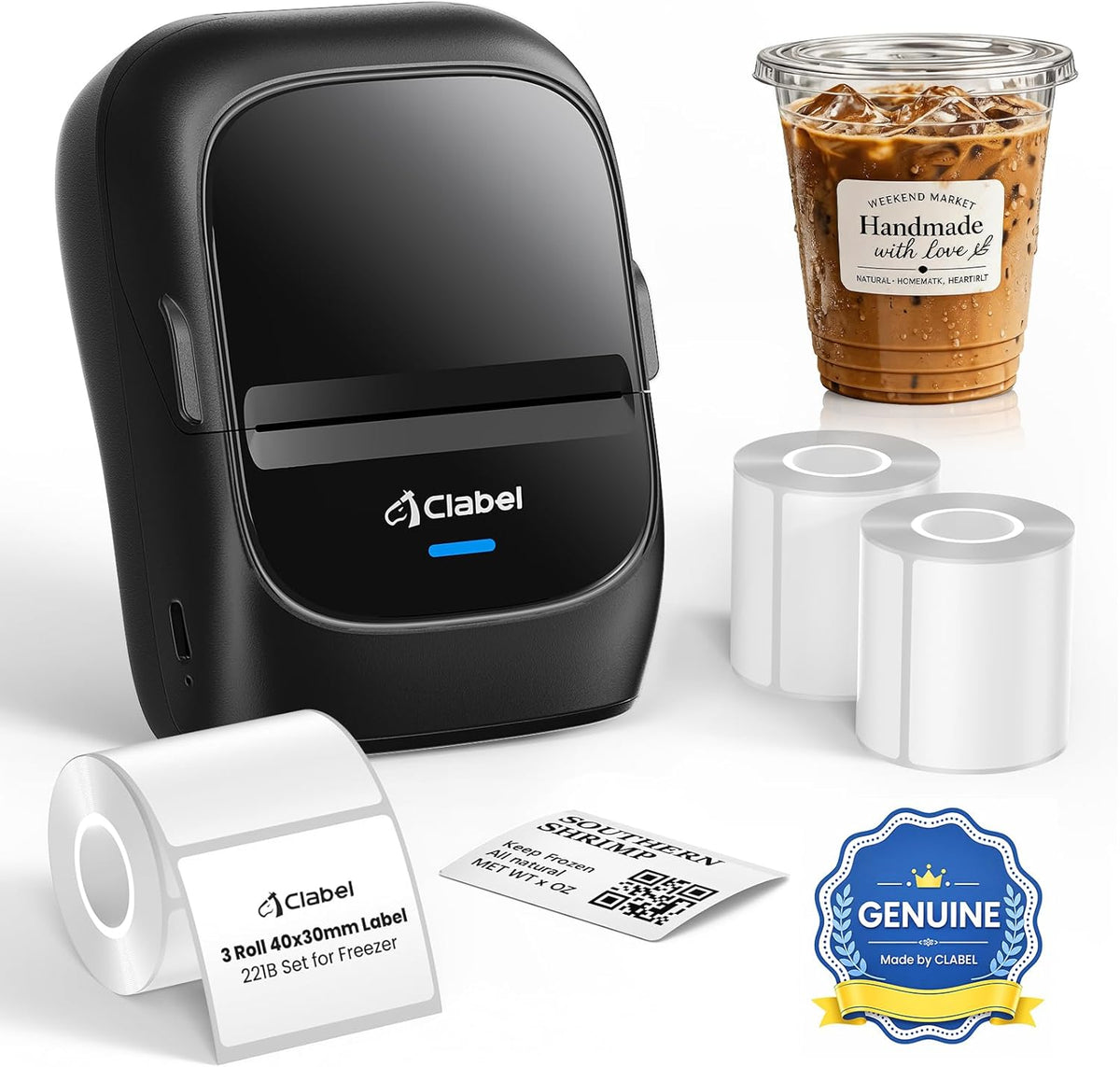 221B Label Printer for Small Business, for Frozen Food and Retail, with 3 Rolls Low Temperature Thermal Labels (1.57 × 1.18 Inch), Water and Oil Resistant, Freezer Adhesive Down to -30°C