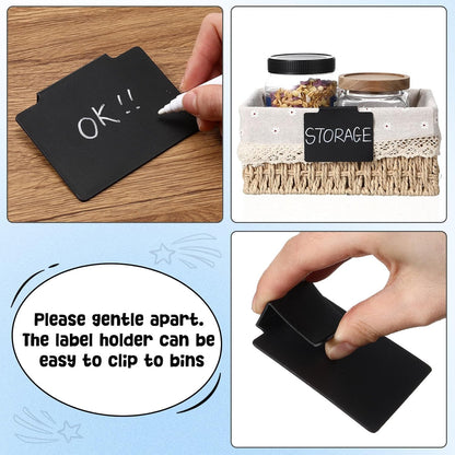 32 Pieces Basket Labels Clip Set, Include 30 Pieces Kitchen Clip Label Holder Removable PVC Bin with 2 Pieces Chalk Marker for Basket Pantry Organization Box (Black Label Clip, White Pen)