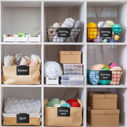 32 Pieces Basket Labels Clip Set, Include 30 Pieces Kitchen Clip Label Holder Removable PVC Bin with 2 Pieces Chalk Marker for Basket Pantry Organization Box (Black Label Clip, White Pen)