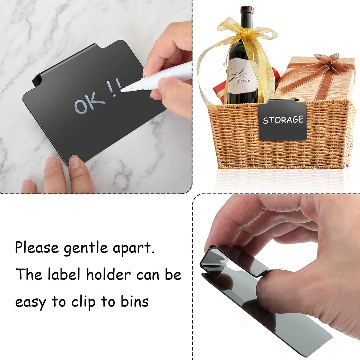 32 Pieces Basket Labels Clip Set, Include 30 Pieces Kitchen Clip Label Holder Removable PVC Bin with 2 Pieces Chalk Marker for Basket Pantry Organization Box (Black Label Clip, White Pen)