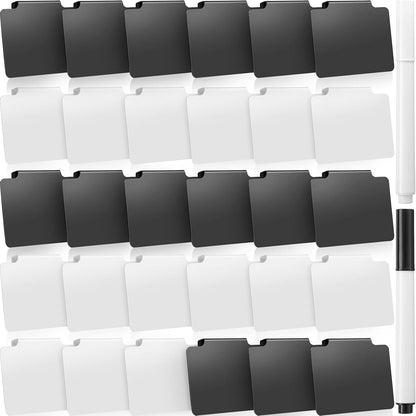 32 Pieces Basket Labels Clip Set, Include 30 Pieces Kitchen Clip Label Holder Removable PVC Bin with 2 Pieces Chalk Marker for Basket Pantry Organization Box (Black Label Clip, White Pen)