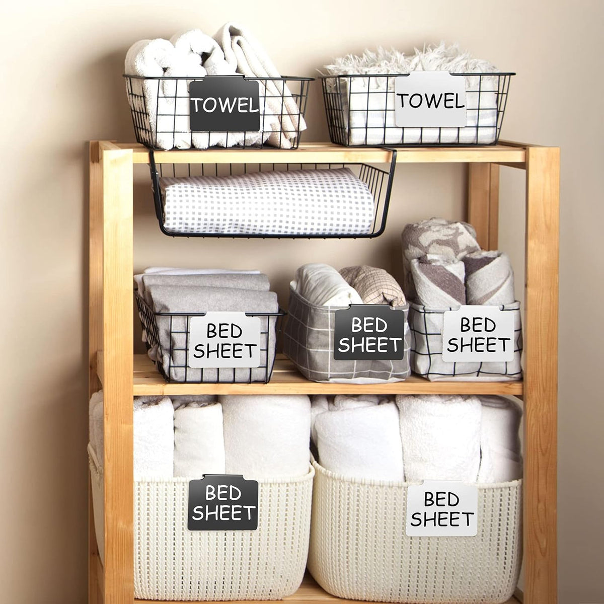 32 Pieces Basket Labels Clip Set, Include 30 Pieces Kitchen Clip Label Holder Removable PVC Bin with 2 Pieces Chalk Marker for Basket Pantry Organization Box (Black Label Clip, White Pen)