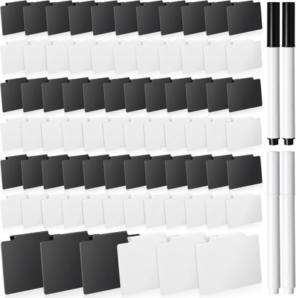 32 Pieces Basket Labels Clip Set, Include 30 Pieces Kitchen Clip Label Holder Removable PVC Bin with 2 Pieces Chalk Marker for Basket Pantry Organization Box (Black Label Clip, White Pen)