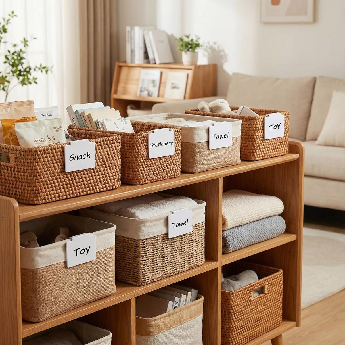 32 Pieces Basket Labels Clip Set, Include 30 Pieces Kitchen Clip Label Holder Removable PVC Bin with 2 Pieces Chalk Marker for Basket Pantry Organization Box (Black Label Clip, White Pen)