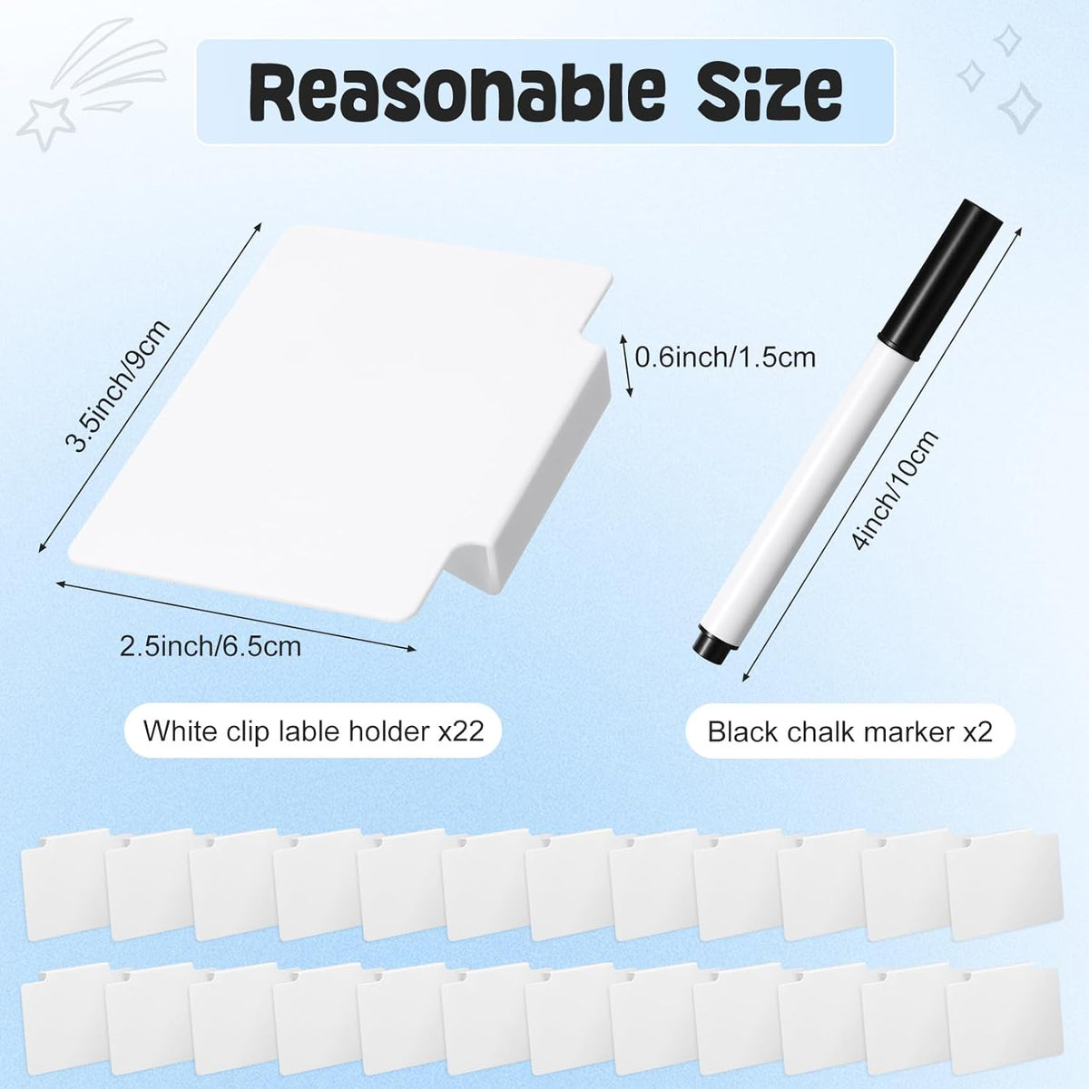 32 Pieces Basket Labels Clip Set, Include 30 Pieces Kitchen Clip Label Holder Removable PVC Bin with 2 Pieces Chalk Marker for Basket Pantry Organization Box (Black Label Clip, White Pen)