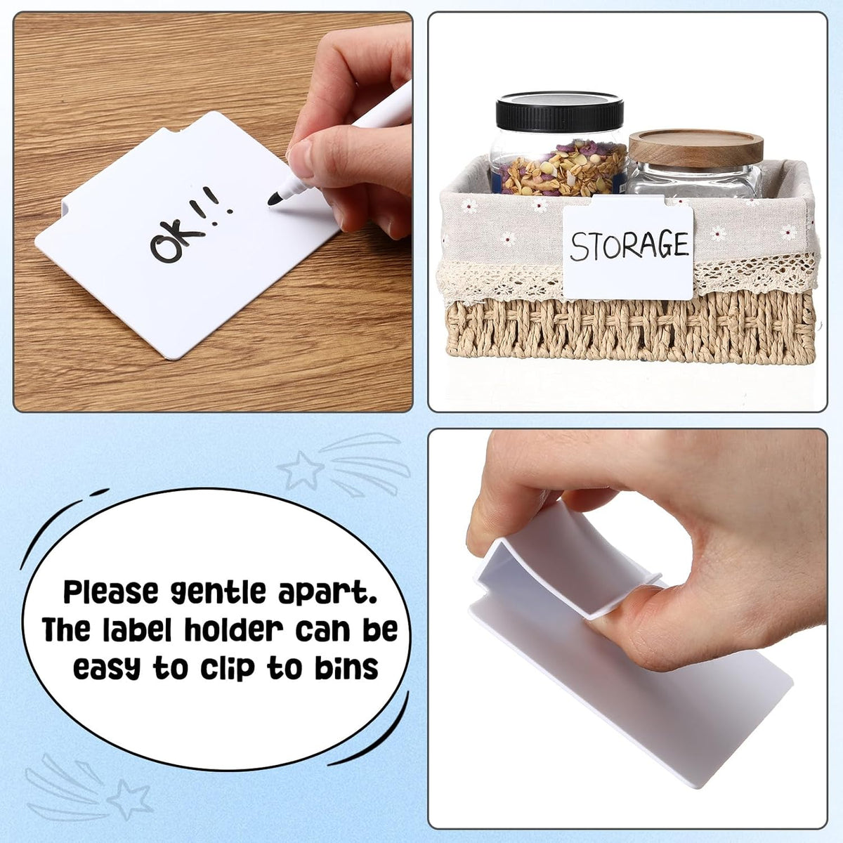 32 Pieces Basket Labels Clip Set, Include 30 Pieces Kitchen Clip Label Holder Removable PVC Bin with 2 Pieces Chalk Marker for Basket Pantry Organization Box (Black Label Clip, White Pen)