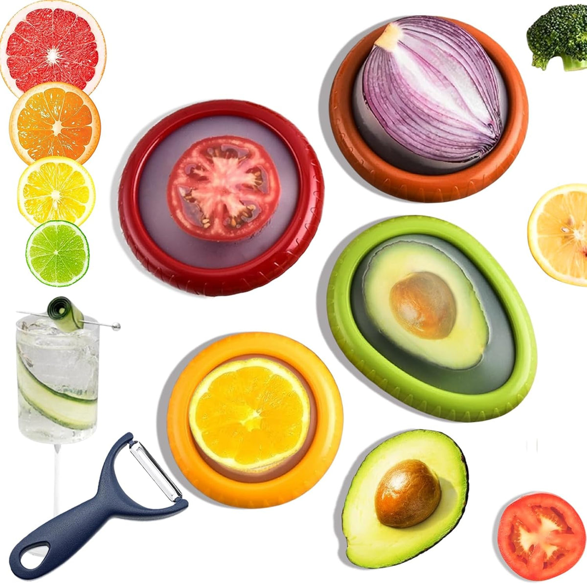 5-Piece Avocado Saver and Tomato Holder Set – 4 Reusable Silicone Food Storage Containers + 1 Fruit Peeler, Stretch Pods for Fruit & Veggie Storage