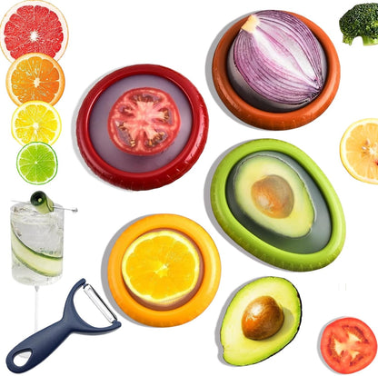 5-Piece Avocado Saver and Tomato Holder Set – 4 Reusable Silicone Food Storage Containers + 1 Fruit Peeler, Stretch Pods for Fruit & Veggie Storage