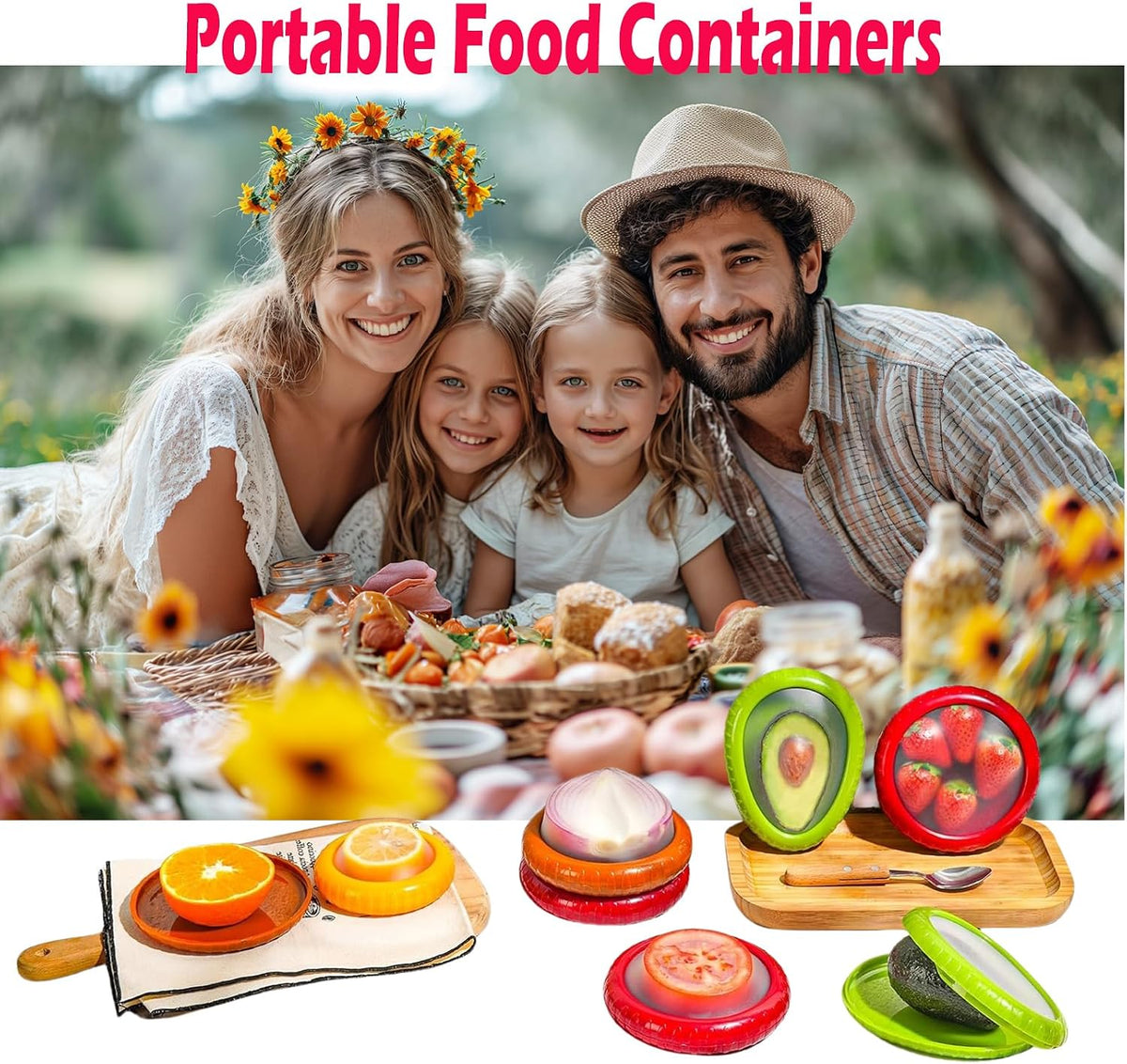 5-Piece Avocado Saver and Tomato Holder Set – 4 Reusable Silicone Food Storage Containers + 1 Fruit Peeler, Stretch Pods for Fruit & Veggie Storage