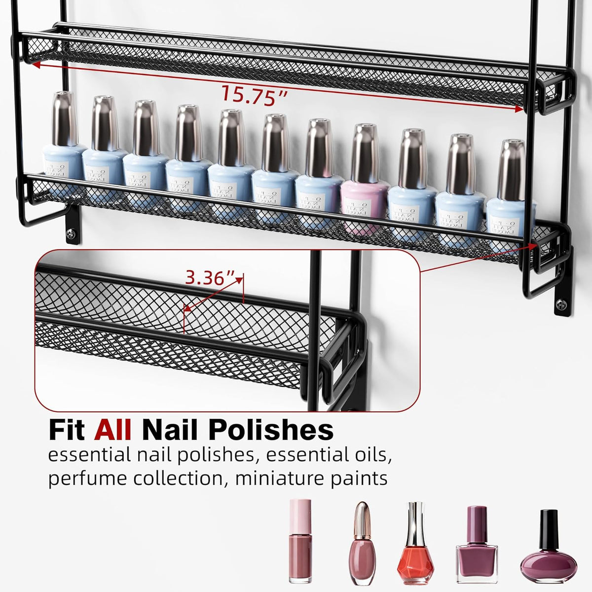 Nail Polish Organizer Wall Mounted, 6 Tier Metal Storage Rack Holds 90 Bottles, Multifunctional Organizer for Essential Oils Paint Perfume, White