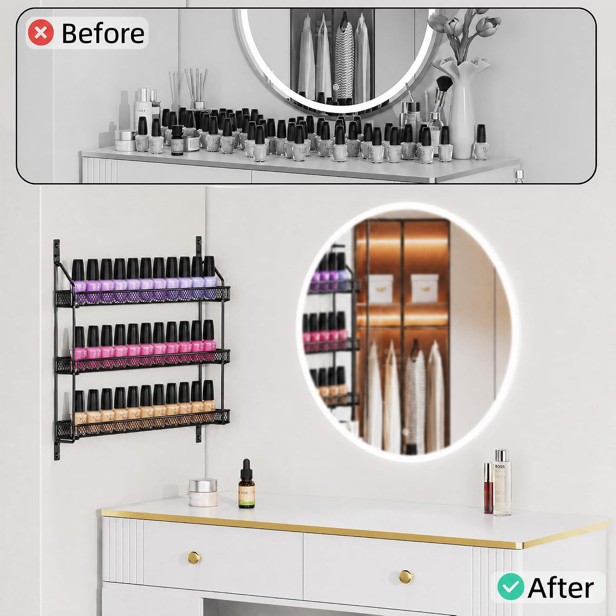 Nail Polish Organizer Wall Mounted, 6 Tier Metal Storage Rack Holds 90 Bottles, Multifunctional Organizer for Essential Oils Paint Perfume, White