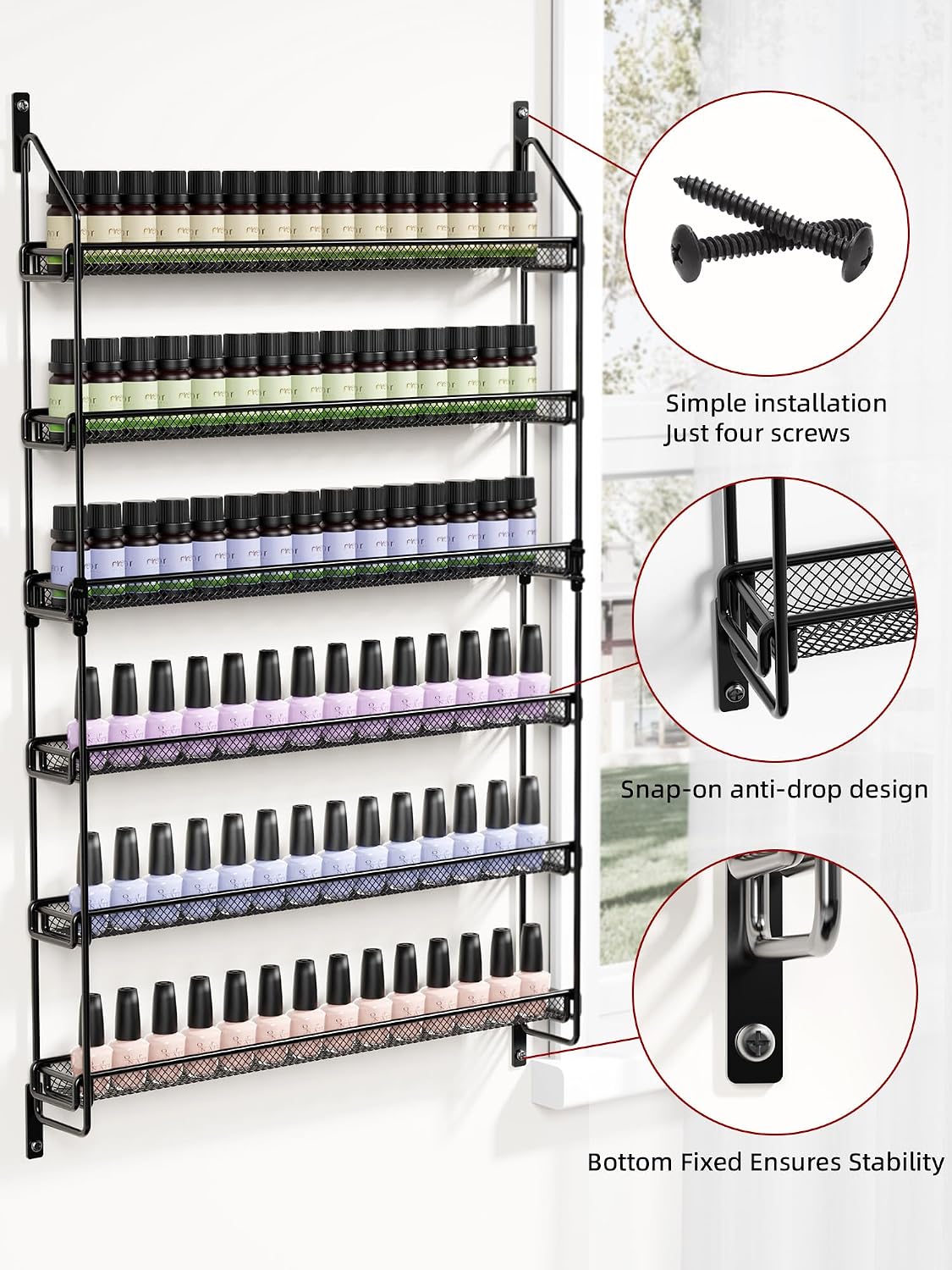 Nail Polish Organizer Wall Mounted, 6 Tier Metal Storage Rack Holds 90 Bottles, Multifunctional Organizer for Essential Oils Paint Perfume, White
