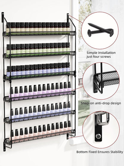 Nail Polish Organizer Wall Mounted, 6 Tier Metal Storage Rack Holds 90 Bottles, Multifunctional Organizer for Essential Oils Paint Perfume, White