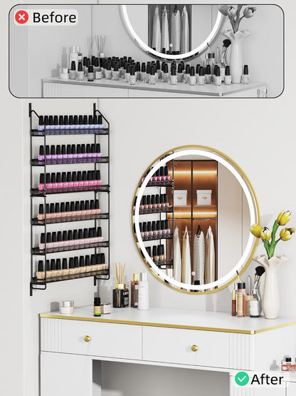 Nail Polish Organizer Wall Mounted, 6 Tier Metal Storage Rack Holds 90 Bottles, Multifunctional Organizer for Essential Oils Paint Perfume, White