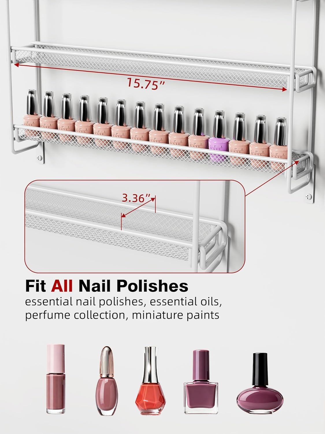 Nail Polish Organizer Wall Mounted, 6 Tier Metal Storage Rack Holds 90 Bottles, Multifunctional Organizer for Essential Oils Paint Perfume, White