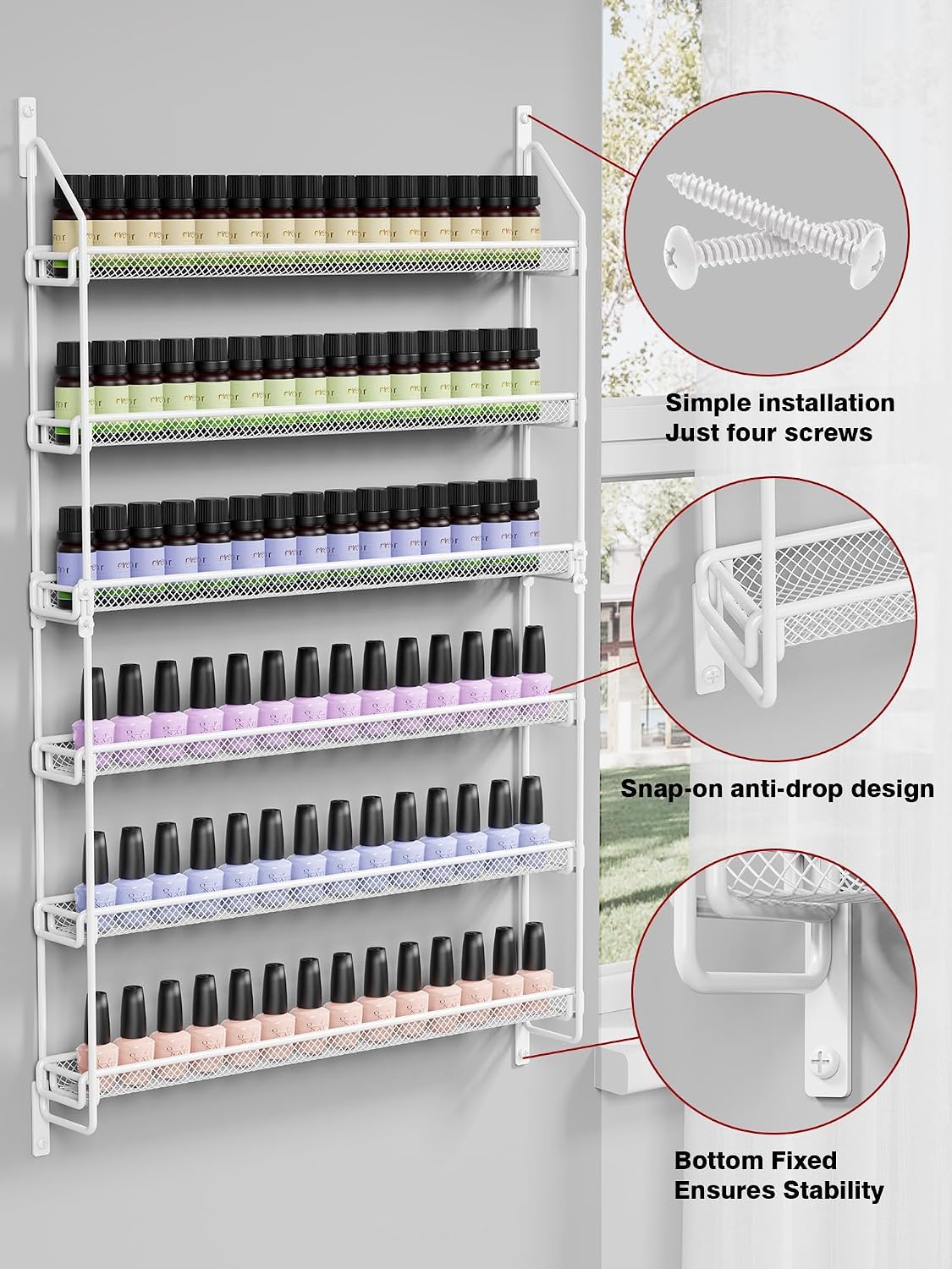 Nail Polish Organizer Wall Mounted, 6 Tier Metal Storage Rack Holds 90 Bottles, Multifunctional Organizer for Essential Oils Paint Perfume, White