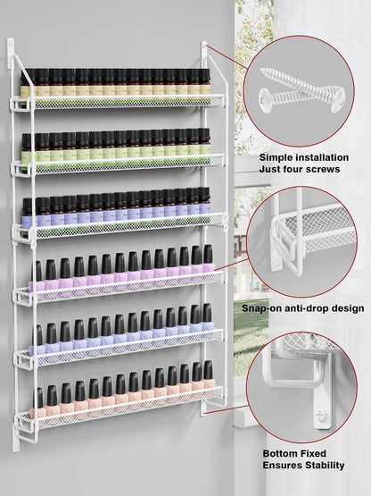Nail Polish Organizer Wall Mounted, 6 Tier Metal Storage Rack Holds 90 Bottles, Multifunctional Organizer for Essential Oils Paint Perfume, White
