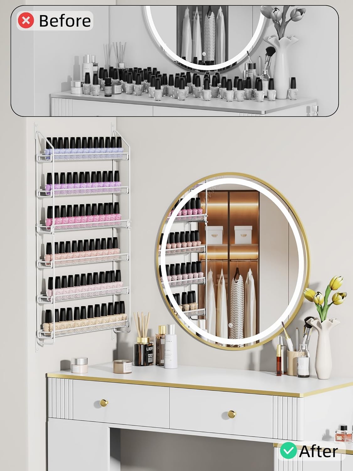 Nail Polish Organizer Wall Mounted, 6 Tier Metal Storage Rack Holds 90 Bottles, Multifunctional Organizer for Essential Oils Paint Perfume, White