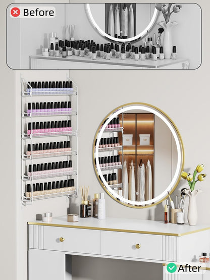 Nail Polish Organizer Wall Mounted, 6 Tier Metal Storage Rack Holds 90 Bottles, Multifunctional Organizer for Essential Oils Paint Perfume, White