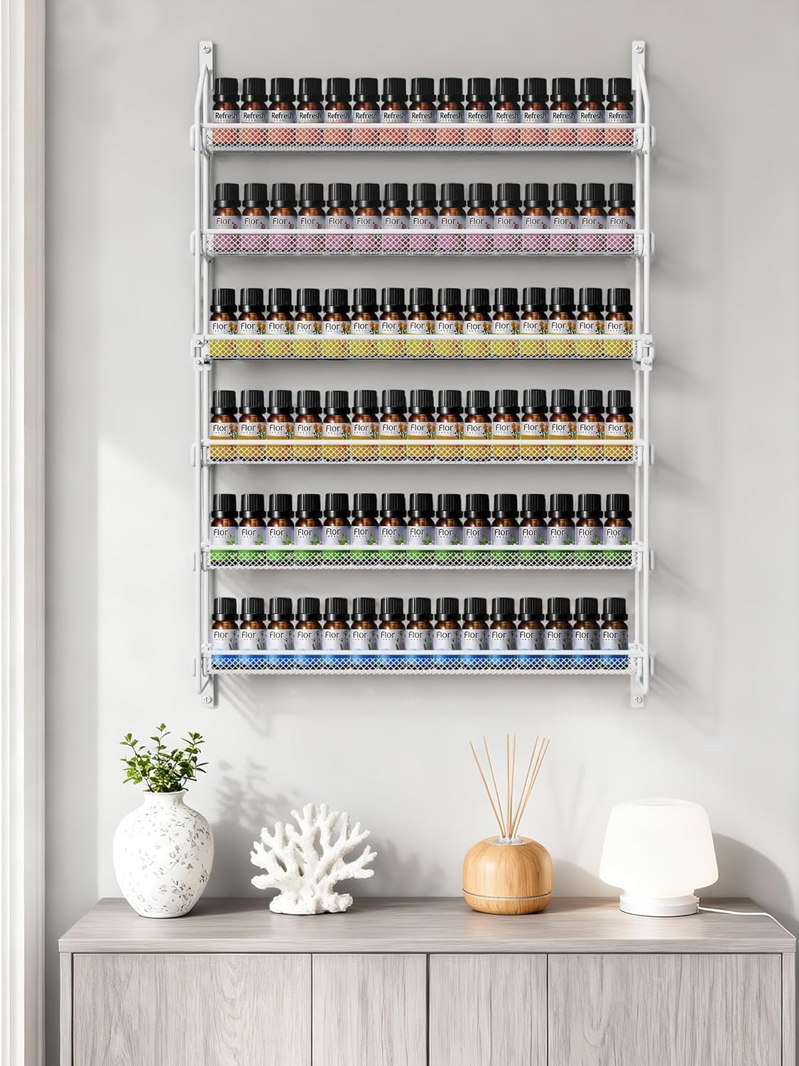 Nail Polish Organizer Wall Mounted, 6 Tier Metal Storage Rack Holds 90 Bottles, Multifunctional Organizer for Essential Oils Paint Perfume, White