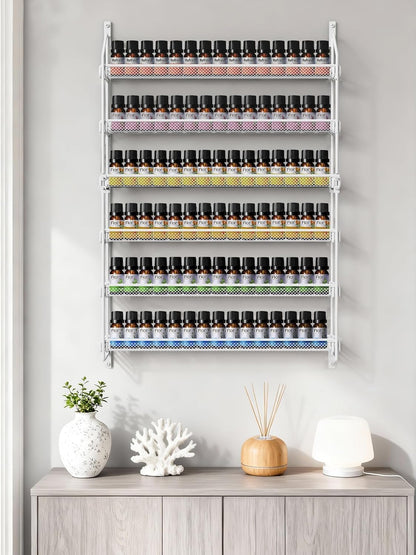 Nail Polish Organizer Wall Mounted, 6 Tier Metal Storage Rack Holds 90 Bottles, Multifunctional Organizer for Essential Oils Paint Perfume, White