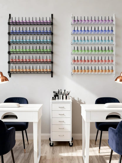 Nail Polish Organizer Wall Mounted, 6 Tier Metal Storage Rack Holds 90 Bottles, Multifunctional Organizer for Essential Oils Paint Perfume, White