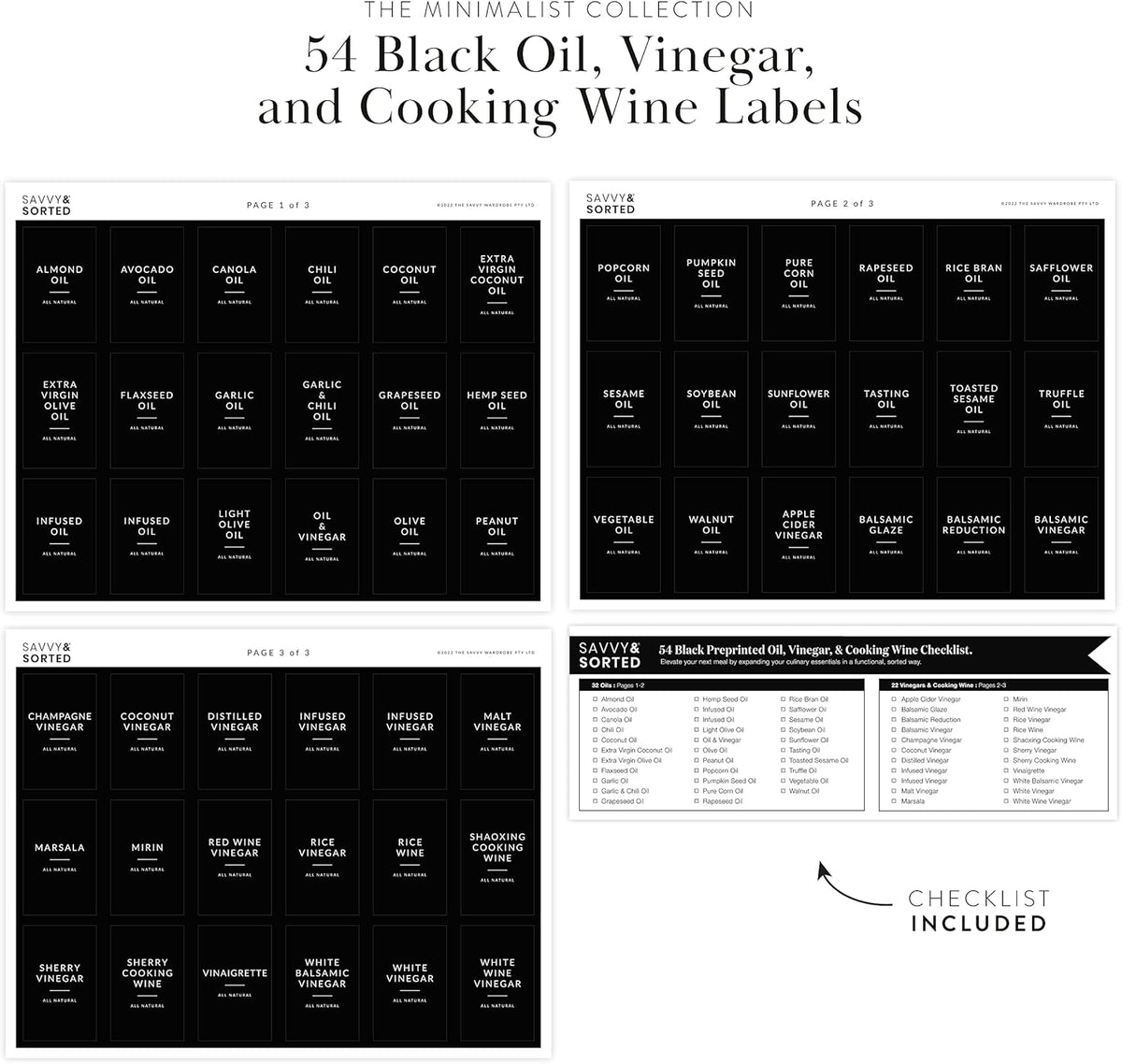 Black Oil Bottle Labels, 54 Preprinted Pantry Stickers for Oils and Vinegar Dispenser Glass Bottles, Condiment Jars, Waterproof Removable, Kitchen Organization