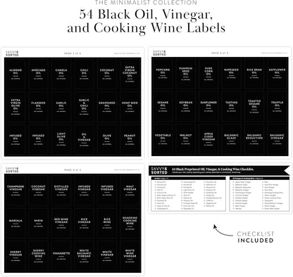 Black Oil Bottle Labels, 54 Preprinted Pantry Stickers for Oils and Vinegar Dispenser Glass Bottles, Condiment Jars, Waterproof Removable, Kitchen Organization
