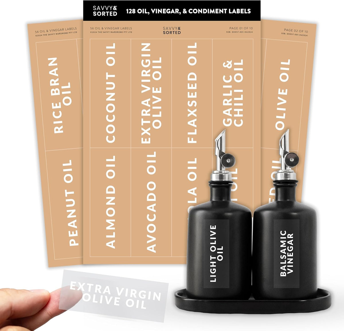 Black Oil Bottle Labels, 54 Preprinted Pantry Stickers for Oils and Vinegar Dispenser Glass Bottles, Condiment Jars, Waterproof Removable, Kitchen Organization