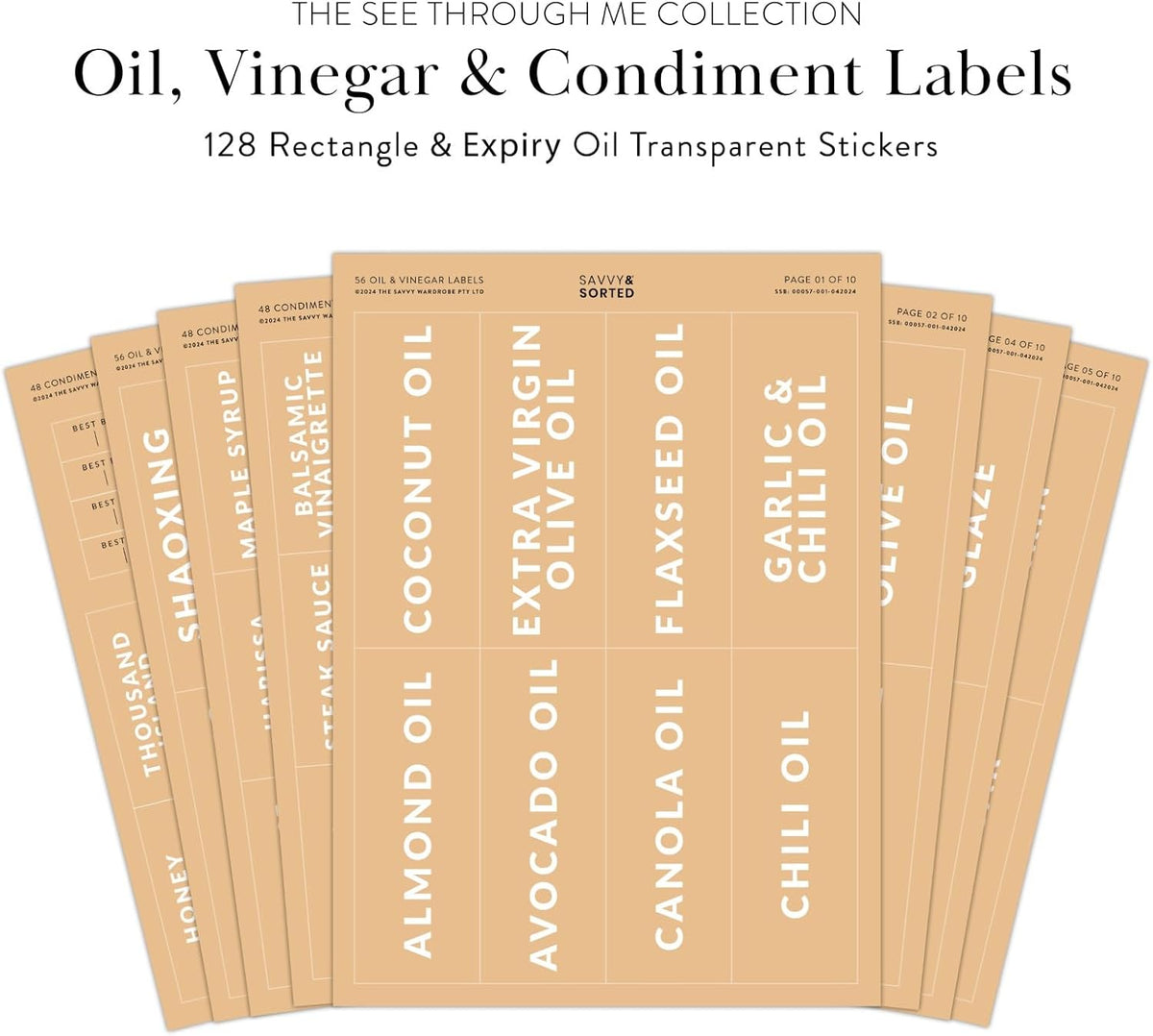 Black Oil Bottle Labels, 54 Preprinted Pantry Stickers for Oils and Vinegar Dispenser Glass Bottles, Condiment Jars, Waterproof Removable, Kitchen Organization