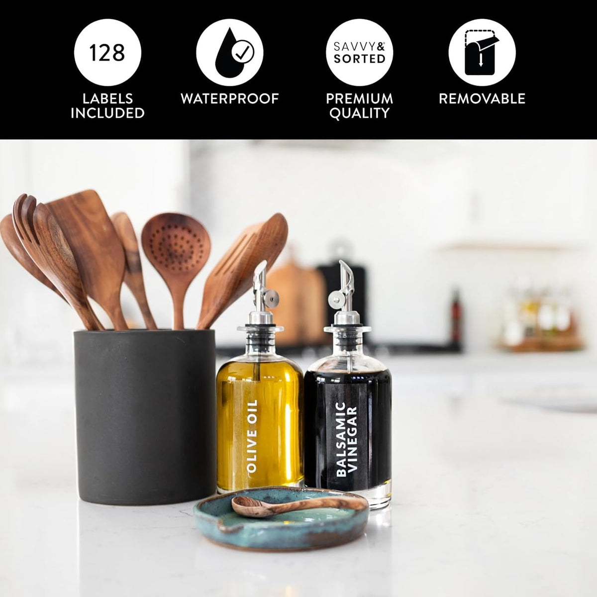 Black Oil Bottle Labels, 54 Preprinted Pantry Stickers for Oils and Vinegar Dispenser Glass Bottles, Condiment Jars, Waterproof Removable, Kitchen Organization
